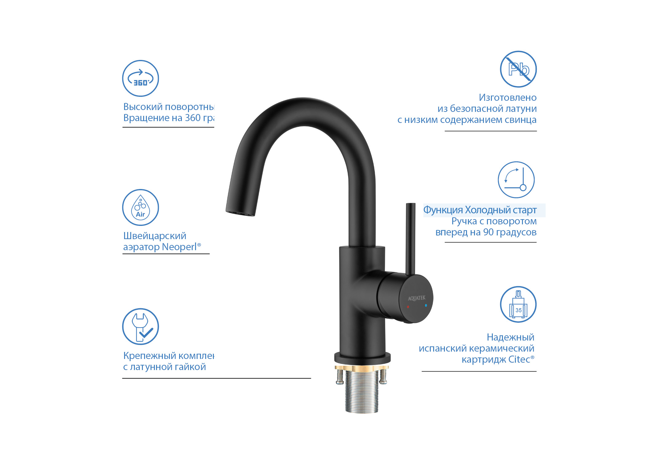 Смеситель для раковины, без донного клапана AQUATEK, матовый черный AQ1307MB Европа — фото 3