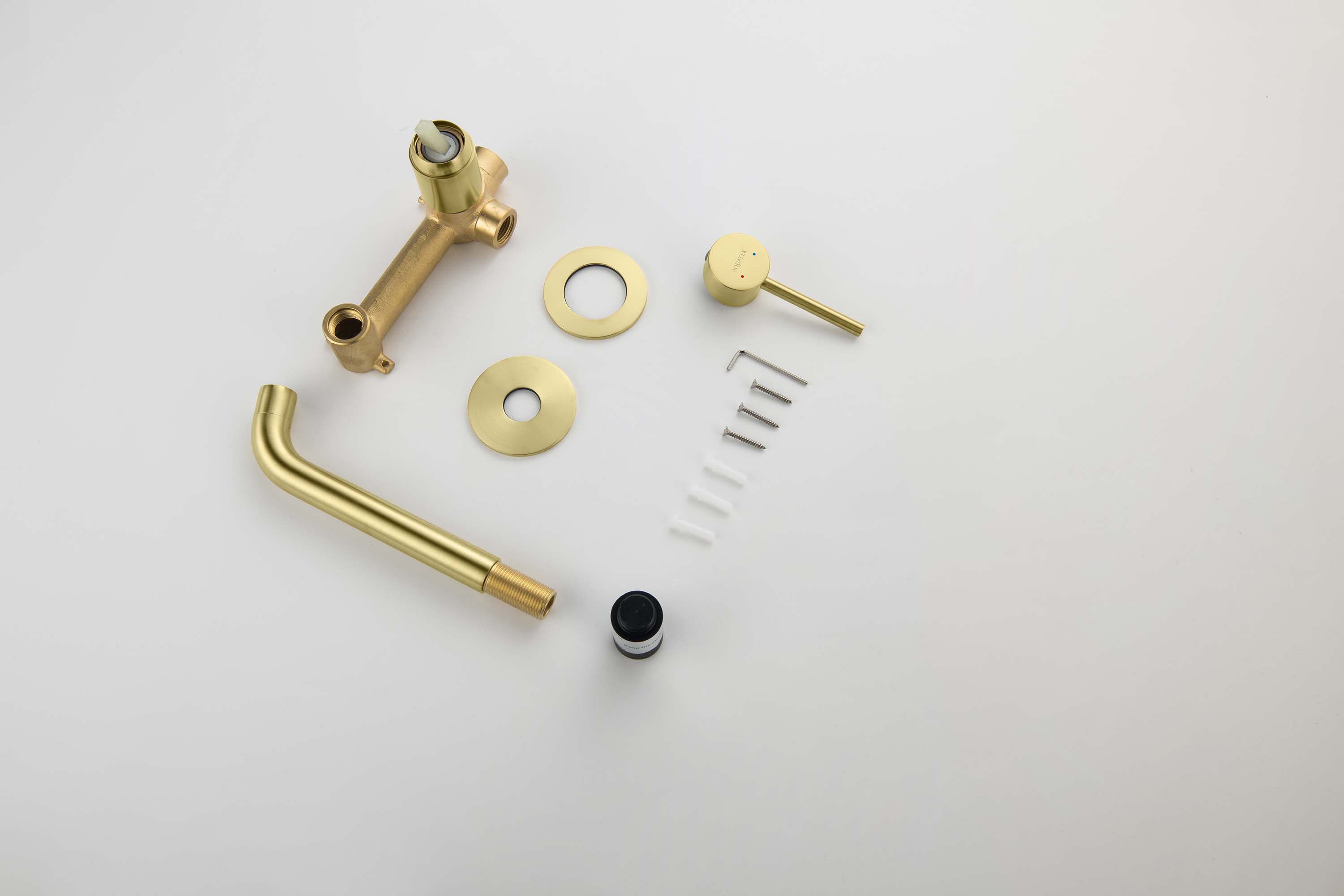 Смеситель для раковины настенный 2 отв. (внешняя и скрытая часть) AQUATEK, золото шлифованное AQ1313BG Европа — фото 15
