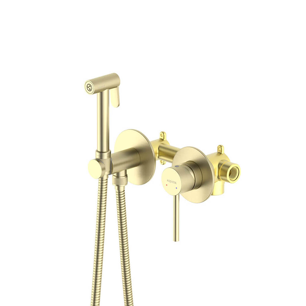 AQUATEK Комплект для гигиенического душа встроенный 2 отв. (смеситель + гигиеническая лейка + шланг) AQUATEK, шлиф.золото AQ1319BG Европа