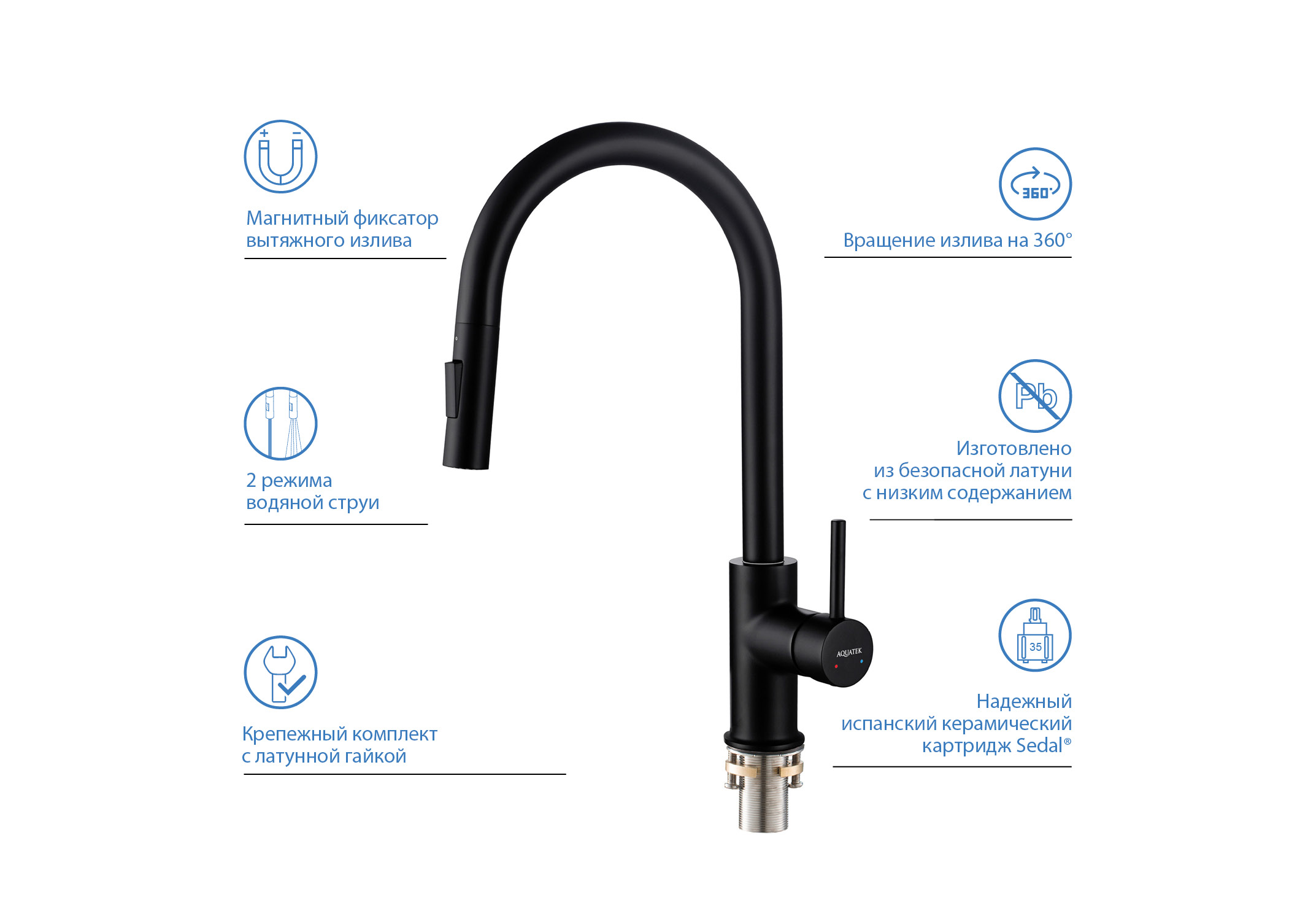 Смеситель для кухни с вытяжным изливом 2 режима AQUATEK, матовый черный AQ1384MB Европа — фото 14