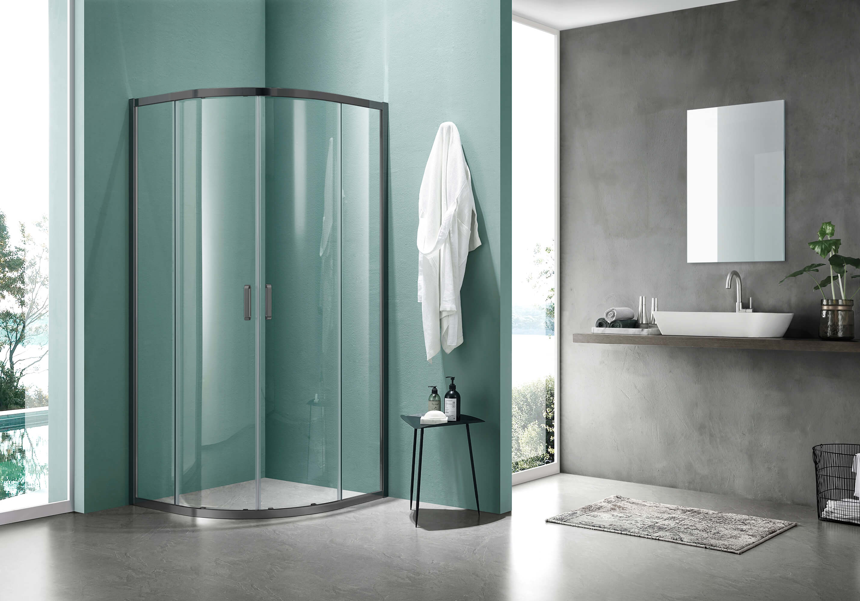 AQUATEK ARI RO 09020GM Душевой уголок 1/4 круга, двери раздвижные 900x900x2000, профиль оружейная сталь, стекло прозрачное (ПРОДАЕМ ИЗ НАЛИЧИЯ)
