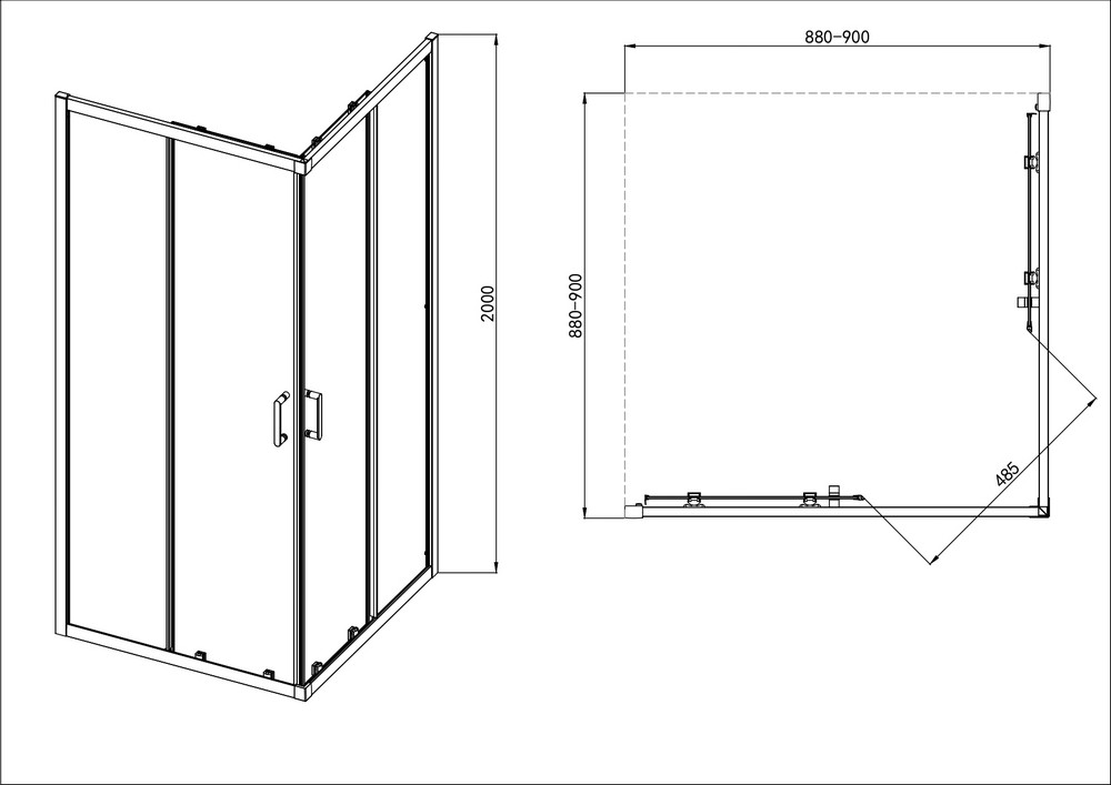 Душевой уголок квадратный, двери раздвижные, 200x90x90 см, профиль хром, Aquatek AQ.KV.090.1CH, стекло прозрачное, закаленное — фото 7